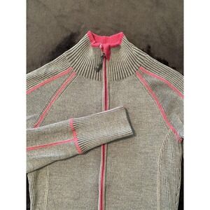 Athleta Sweater Jacket Womens Small Gray Pink Full Zip‎ Wool Blend Thumbholes